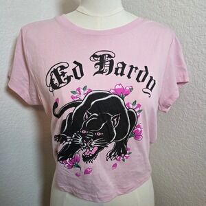 Ed Hardy Signature Black Panther Graphic Crop Baby T-Shirt Pink y2k Womens XL